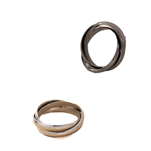 Three-tone interlocking trinity ring in silver, gold, and rose gold finishes