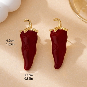 Red chili pepper drop earrings with gold leaves and detailed size measurements