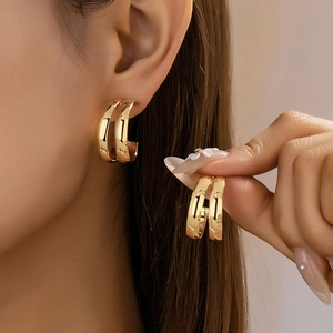 Elegant Minimalist Double Layer C-Shaped Hoop Earrings With Stainless Steel Earring Post Polished Gold Finish Modern Jewelry For Women