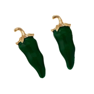 Quirky green chili pepper earrings with golden stems and polished enamel finish