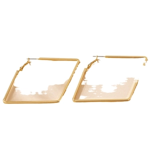 Polished gold geometric diamond shaped hoop earrings with hinge closure on white background