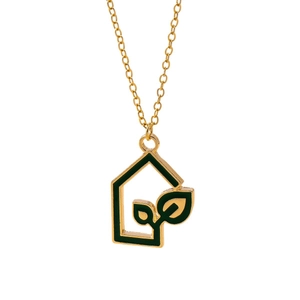 Minimalist gold house necklace with green leaf enamel pendant on white background