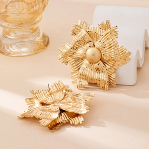 Exaggerated golden 3D flower earrings with pleated petals and matte center core
