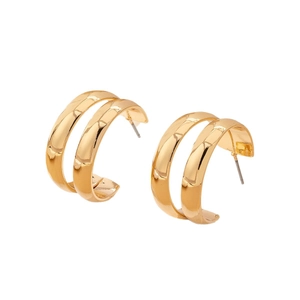 Polished gold double-row C-shaped hoop earrings with a modern minimalist design