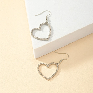 Fashion silver hollow heart dangle earrings with beaded texture on geometric stone