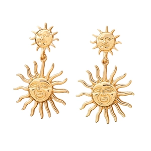Elegant gold celestial sun pendant earrings with vintage tarot style facial details