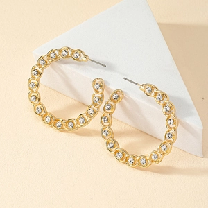 French style C-shaped gold hoop earrings with white rhinestones and hollow chain design