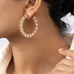 Alloy Clear Rhinestone C-Shaped Hoop Earrings Large Hollow Chain Link Design French Style Gold Plated Luxury For Women