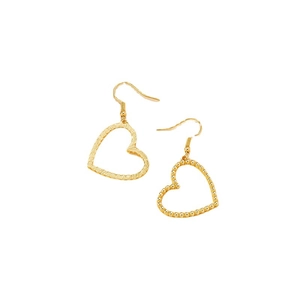 Asymmetric heart drop earrings in gold finish with hammered and beaded textures