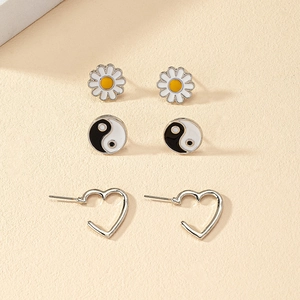 Enamel Daisy Flower Yin Yang Bagua Heart Stud Earrings Alloy Korean Style Sweet Minimalist Jewelry For Women