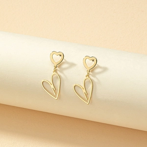 Gold Alloy Hollow Double Heart Dangle Earrings Women Korean Style Minimalist Geometric Elegant Jewelry