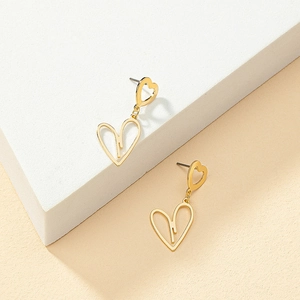 Elegant gold double heart drop earrings with hollow geometric design and stud back