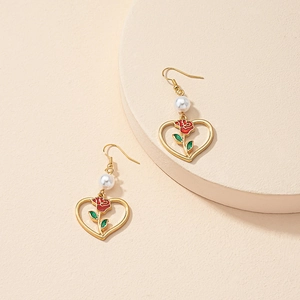 Orecchini Vintage Cuore Rosa Rossa Lega Con Finta Perla Artificial Smalto Fiore Cavo Stile Francese Gioielli Per Donne