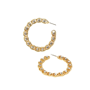 French style gold C-shape hoop earrings with round rhinestones in a minimalist design
