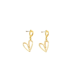 Minimalist gold hollow heart drop earrings with dual linked heart pendants on white background