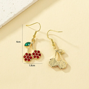 Detailed view of cherry earrings with red rhinestones and 4cm height dimensions