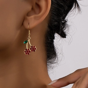 Cherry Dangle Earrings Alloy Red Rhinestone Drip Glaze Sweet Fashion Jewelry Women