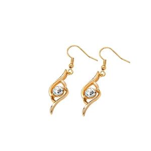 Elegant gold-tone drop earrings with a wavy metal frame and a sparkling round crystal