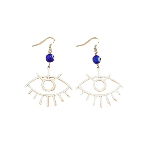 Orecchini pendenti a forma di occhio greco in metallo argento con perle blu e ciglia lunghe