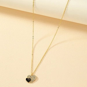 Collana Con Ciondolo A Doppio Cuore In Lega Strass Smalto Nero Colore Oro Gioielli Di Moda Per Donna