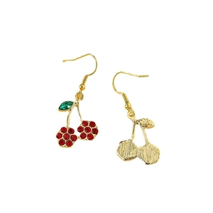 Sparkling cherry drop earrings with red rhinestones and golden hook for women