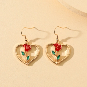 Herzform Rosen Haken Ohrringe Legierung Emaille Rote Blume Süßer Romantischer Modeschmuck Für Frauen