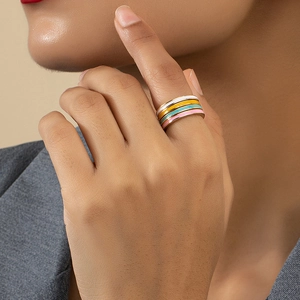 Fashion Alloy Gold Plated Enamel Stackable Rings Set Multicolor Geometric Round Finger Rings For Women Daily Jewelry Gift