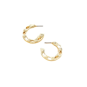 Golden C-shaped textured earrings with hollow oval patterns and vertical relief stripes