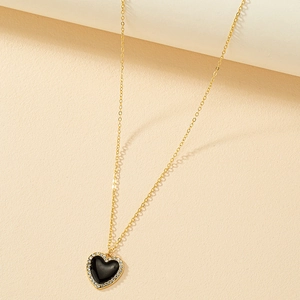 Herz Anhänger Halskette Legierung Schwarze Emaille Strass Eingelegt Vergoldet Mode Schmuck Für Damen