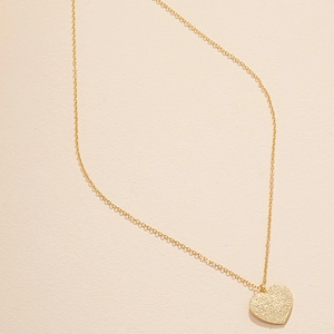 Golden heart pendant necklace with frosted texture and minimalist thin chain link