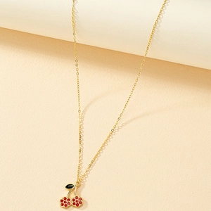 Collier Pendentif Cerise Alliage Émail Rouge Design Fruit Doux Chaîne Dorée Bijoux De Mode Pour Femmes