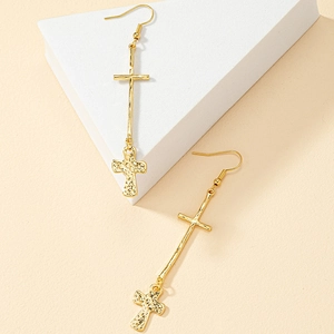 Minimalist gold cross drop earrings with hammered texture and long vertical metal bars