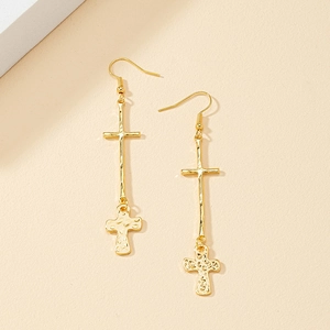 Golden textured double cross drop earrings with hammered finish for women and girls
