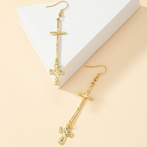 Textured gold cross drop earrings with irregular hammered finish and double dangling design