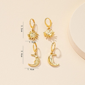 Minimalist gold sun and crescent moon face drop earrings set for women and girls