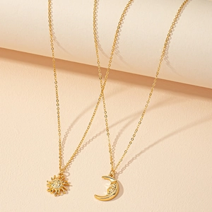 Sun Moon Face Pendant Double Layered Necklace Alloy Gold Tone Celestial Jewelry For Women Adjustable Lobster Clasp