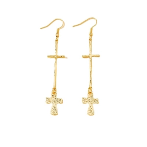 Golden double cross drop earrings with unique hammered texture and hooks for women