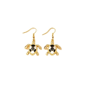 Golden sea turtle drop earrings featuring a black and white football enamel pattern