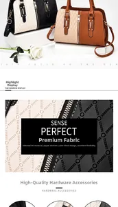 Close-up of color-block PU leather texture and premium metal zipper detail on lady's bag