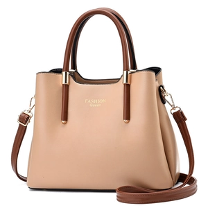 Minimalistische beige PU-Leder Handtasche mit braunen Griffen und Golddetails