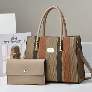 Three-tone striped tote bag set with matching wallet and adjustable shoulder strap
