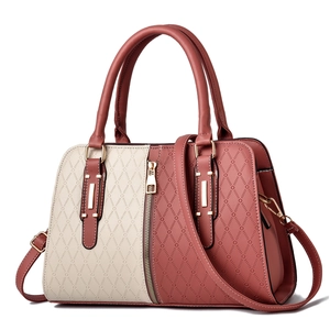 Structured color-block tote bag in beige and red PU leather with quilted texture