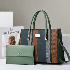Women Fashion PU Leather Tote Bag And Clutch Combination Color Block Striped Large Capacity Shoulder Bag Elegant Korean Style