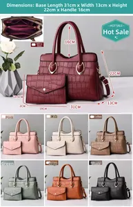 Detail view of large stone pattern tote bag and matching wallet in seven various colors