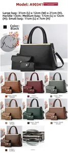 Detailed size chart for the three-piece faux leather tote bag and clutch set with dimensions
