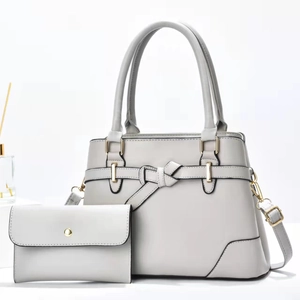 Light gray faux leather 2-piece tote bag set with adjustable strap and gold hardware