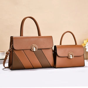 Two-piece set with large contrast stitch tote and small handbag in caramel leather