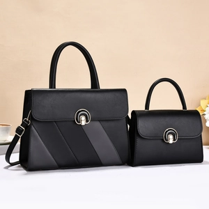Women Fashion PU Leather Two Piece Handbag Set Elegant Splicing Shoulder Crossbody Bag With Round Metal Buckle Tote Purse