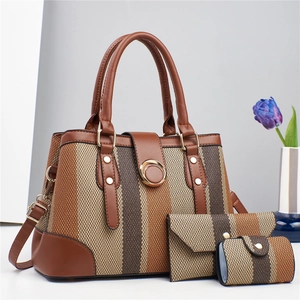Three-piece women's handbag set with woven pattern, large capacity and metal lock buckle