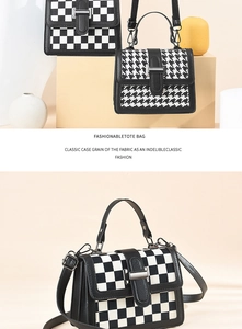 Detail of checkered and houndstooth PU leather handbags with elegant metal buckle